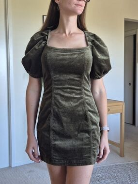 Pilcro Olive Green Puff-Sleeve Corduroy Mini Dress